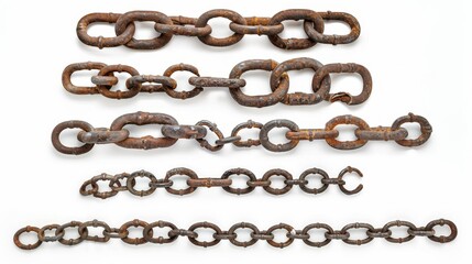 set of rows from Solid rusty metal black chain closeup, isolated on white background