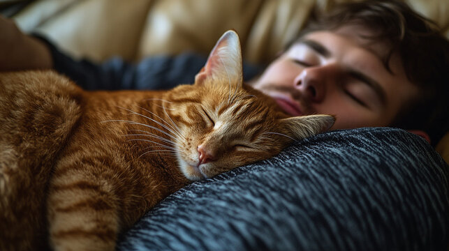 Warm embrace during National Napping Day captures a moment of peace between a man and his beloved cat