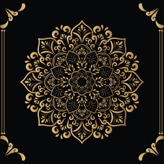 Luxury mandala design black background in gold color