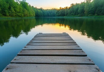 Serene sunrise over a calm lake, reflected in the still water. A weathered wooden dock extends into the lake, inviting contemplation. Lush green