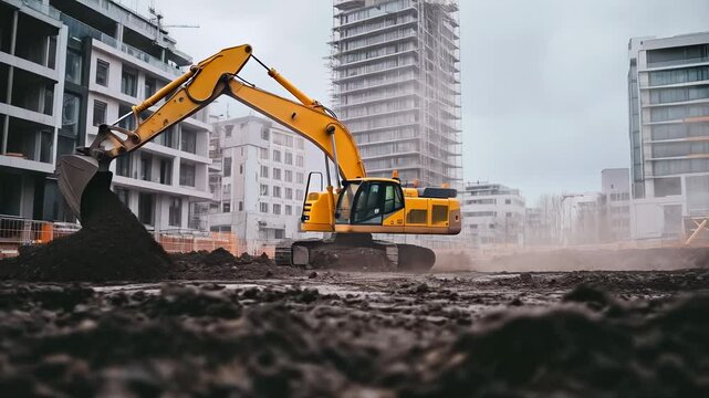 An excavator digs into the earth at a construction site in an urban area with modern buildings in the background. Clouds fill the sky, creating a moody atmosphere for the workday
