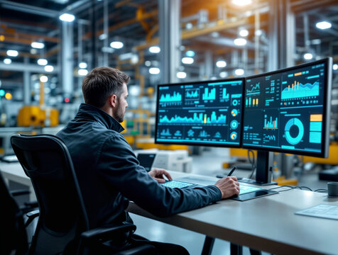 control room monitoring industrial production with real-time data analytics.
