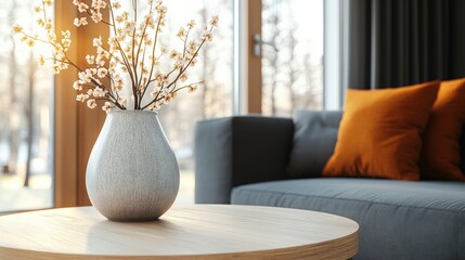 Ceramic vase with flowers on a table in a cozy living room setting close up view