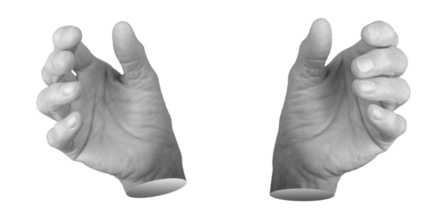 Elderly female hand outstretched in a grasping gesture, fingers slightly curled as if reaching or holding. Wrinkled skin emphasizing age and expression of control or need. Isolated on white background