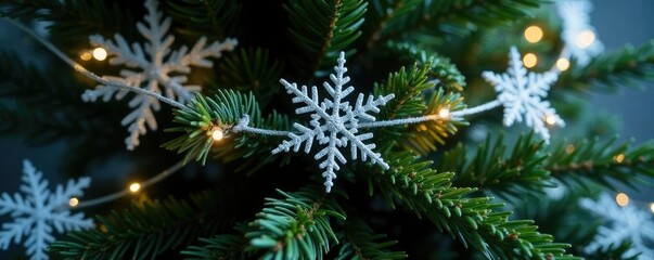Snowflake Garland Wrapping around a Pine Tree Trunk, evergreen, holiday, snowflake