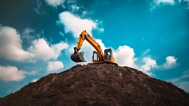 A yellow excavator operates on a large dirt mound against a vibrant sky. The machinery efficiently moves soil as the construction progresses at the site