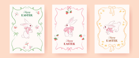 Set of Easter greeting cards featuring cute bunnies with pink bows. Hand drawn ribbon frames and spring flowers, trendy elegant typography. Stylish template in coquette style for card, poster, banner.