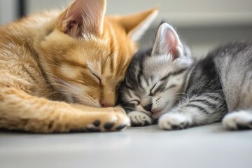 Two cats, one orange and one gray, are peacefully sleeping side by side, showcasing their adorable bond and tranquility.