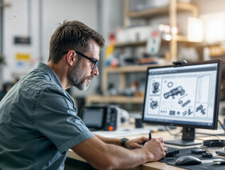 mechanical engineer designing complex machine parts on software.
