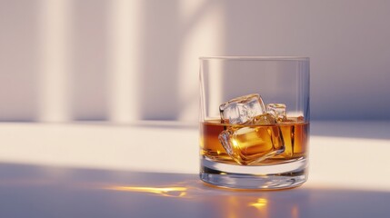 Whiskey on the rocks, sunlit surface, minimalist background, drink advertisement
