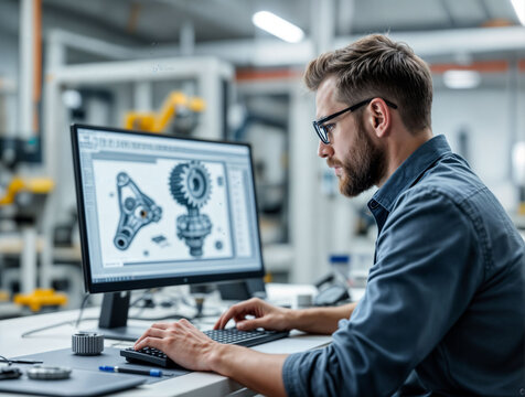 mechanical engineer designing complex machine parts on software.