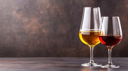 Two glasses of wine, one white and one red, sit on a dark, textured surface against a blurred brown background. The lighting is soft and warm