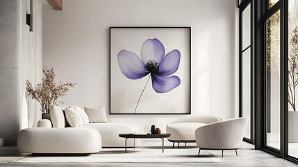 Modern living room interior with large purple flower artwork.