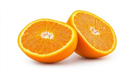 Two halves of a juicy citrus fruit, vibrant orange color, segments visible, on a plain background. Close up studio shot