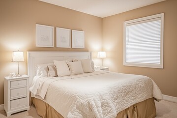 Cozy beige bedroom with stylish decor and a clean white frame isolated