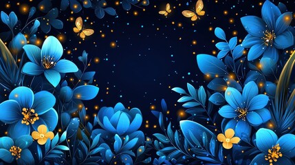 Fototapeta premium Soft Blue Flowers and Glowing Fireflies Against a Night Sky Background