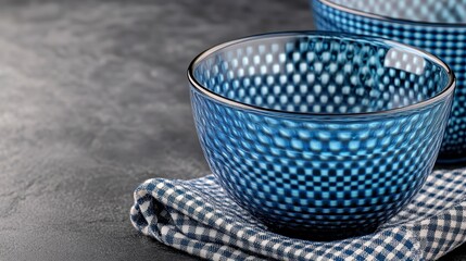 Close up view of two patterned bowls on a dark gray surface, with a patterned napkin