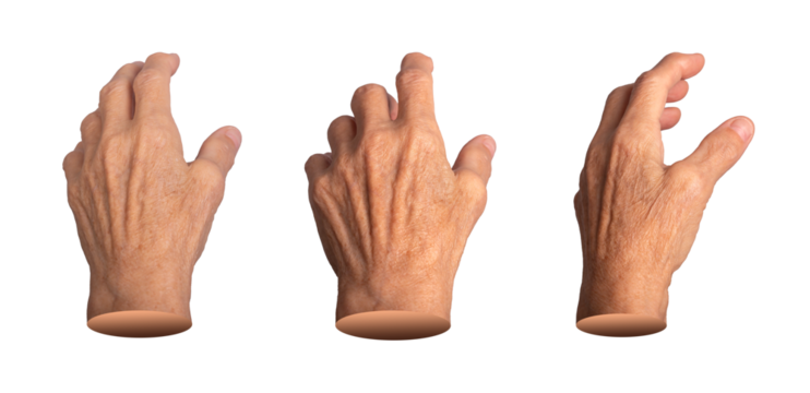 Elderly female hand outstretched with an open palm, fingers slightly curved as if reaching or offering. Wrinkled skin emphasizing age and expression of need or giving. Isolated on white background.