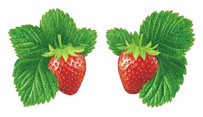 Two ripe red strawberries with green leaves on a white background. Close up, vibrant color, and detailed texture
