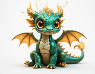 Fototapeta premium Baby Dragon Sitting with Tiny Wings and Glowing Eyes 