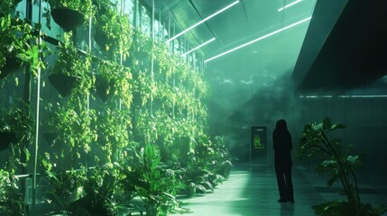 Enigmatic Greenhouse: A Person Silhouetted Amidst Lush Greenery