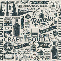 Fototapeta premium Vintage aged worn tequila seamless pattern or background. Tequila and distillery icons, branding and design elements
