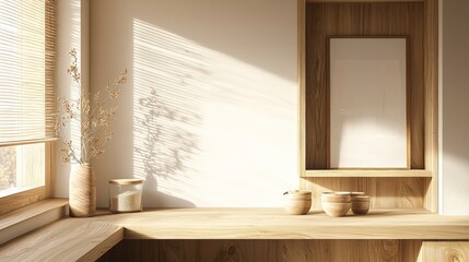 Cozy kitchen nook with wooden accents, natural light pouring in, empty frame isolated