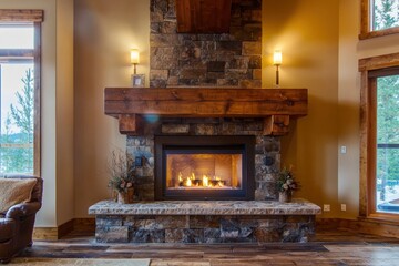 Cozy fireplace living room with warm lighting and wooden decor