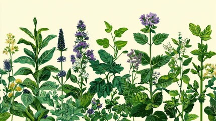 Fresh Green Herbs and Wildflowers on Soft Cream Background for Design