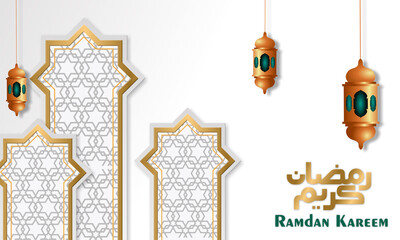 Elegant Ramadan Kareem design with a white background, gold geometric arches, intricate patterns, and hanging lanterns with green accents. Ideal for festive greetings, banners, and promotions.