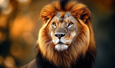 Fototapeta premium Majestic lion staring with intense gaze in golden light