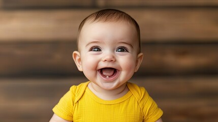 A joyful baby in a yellow shirt smiles brightly, showcasing a cheerful expression against a warm, wooden background.