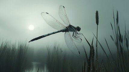 Dragonfly on Dewy Leaf with Misty Background in Morning Light