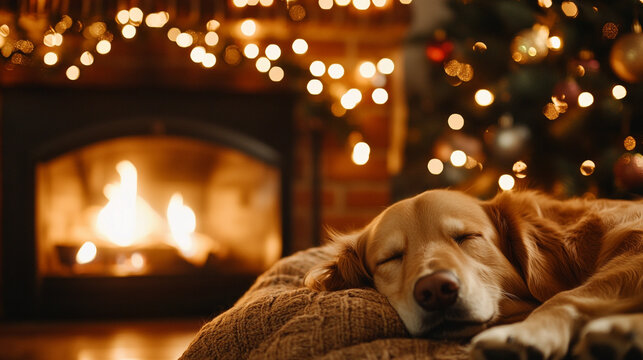 Golden retriever enjoys a cozy nap by the warm fireplace decorated with twinkling holiday lights on a delightful National Napping Day