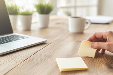 A bright and organized workspace featuring a wooden desk with sticky notes, a laptop, and a cup of coffee. A hand is seen placing a note, symbolizing planning and productivity.