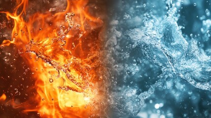 Fire and water in an abstract representation, blending unique colors and surreal effects