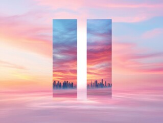 Twin towers reflection at sunset city skyline digital art serene environment aesthetic view urban concept