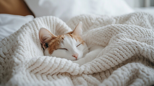 Cozy moments of a fluffy cat sleeping peacefully under a warm blanket on National Napping Day