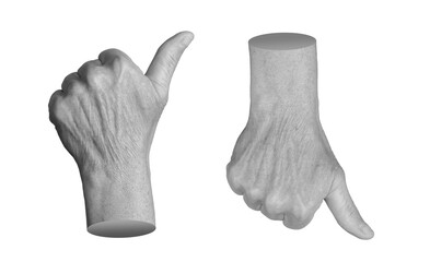 Elderly female hand showing a thumbs-up gesture, symbolizing approval and positivity. Wrinkled fingers and knuckles emphasizing age and experience. Isolated on white background.