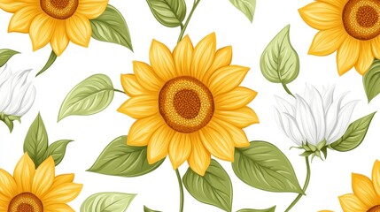Vibrant yellow sunflowers and white flowers on a white background, creating a cheerful and bright floral pattern. The illustration style is detailed