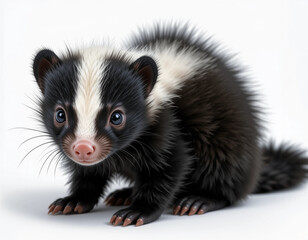 Baby Skunk Sitting with Fluffy Fur and a Playful Expression
