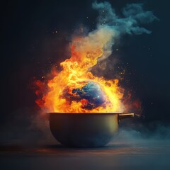 Burning planet in pot, climate change concept.