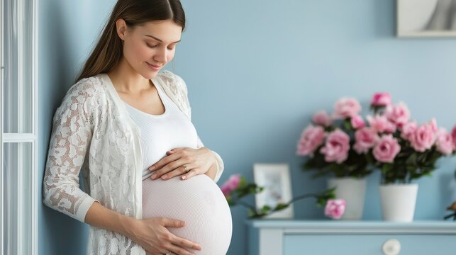 A serene pregnant woman gently cradles her belly in a cozy room adorned with pink flowers, radiating warmth and anticipation.