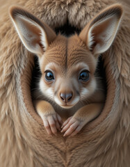 Obraz premium Baby Kangaroo (Joey) Peeking Out from Its Mother's Pouch