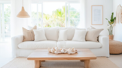 bright and airy living room featuring white sofa adorned with multiple cushions, wooden coffee table with decorative shells, and natural elements like plants and woven decor