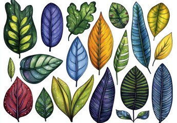 Fototapeta premium Vibrant watercolor illustration of diverse leaves in various colors and patterns, showcasing a collection of unique foliage designs against a plain
