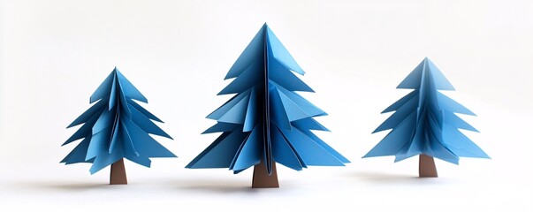 Obraz premium Three varying-sized blue origami christmas trees placed on a white backdrop