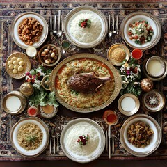 Delicious Festive Middle Eastern Lamb Meal Table Setting Overhead Shot