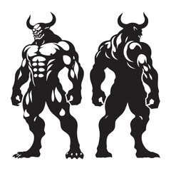 Powerful Oni silhouette, a horned beast of pure darkness - Oni illustration - Minimalist Oni vector - Mythical creature silhouette

