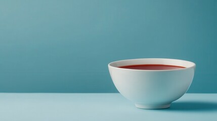 A close up shot of a white bowl containing a dark brown liquid, set against a light blue background. The image possesses a minimalist aesthetic